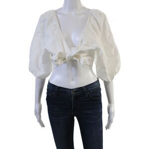 Posse Womens Cropped Linen V-Neck Bohemian 3/4 Sleeve White Blouse Size M